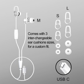 Mixx SoundPort USB-C Wired Earphones, In-Ear Headphones with Hands-Free Calling, Siri & Google Assistant Compatible, 3 Pairs of Ear Cushions Included, White.