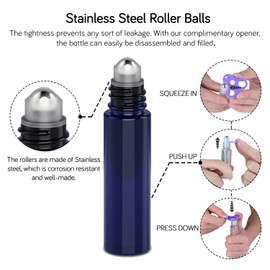 PrettyCare Roller Bottles For Oils 10 ml (Amber Glass and Blue Glass, 6 Pack, 1 Extra Stainless Steel Balls, 12 Labels, 1 Opener, 1 Funnels Essential Oil Roller Bottles, Roller on Bottles
