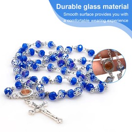 OISJHW Blau Kristallperlen Rosenkranz Katholische Halskette Kreuz Rosenkranz Kugelkette Silber Kette Herren Damen Halsketten