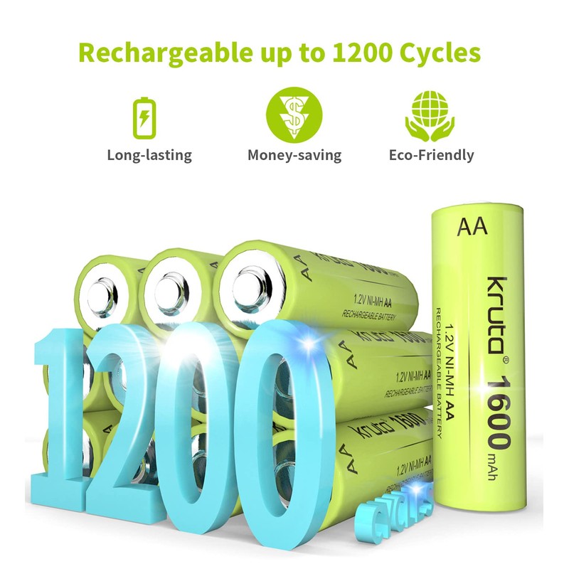 Kruta Ni-MH AA Rechargeable Batteries, Double A 1600mAh High Capacity