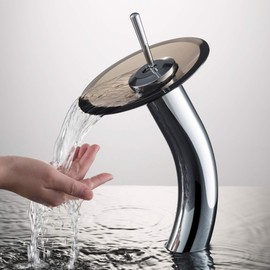 Kraus KGW-1700CH-BRCL Single Lever Vessel Glass Waterfall Bathroom Faucet Chrome with Brown Clear Glass Disk