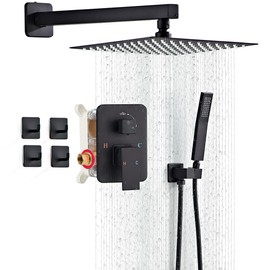 LCEVCGK Shower Faucet Set, Matte Black Rainfall Shower System Complete Wall Mounted for Bathroom with 10 Inch Square Shower Head and Handheld Shower Head Rain Mixer Combo Set