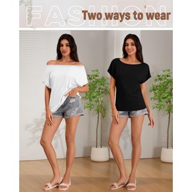 Huukeay 3 Pack Boat Neck Tops for Women, Short Sleeve Loose Cotton Shirts Causal Oversized Tunic Basic Tees Off The Shoulder(Khaki, White, Black,Medium)