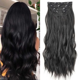 Xtrend 20Inch Black Wavy Hair Extensions Clip in Hair Extensions Synthetic Hair pieces for Women Girls 4PCS Full Head Set Thick Curly Wavy Synthetic Hair Extensions(1B#)