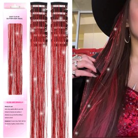 USHUIUS Hair Tinsel Clip in 12Pcs Red Tinsel Hair Glitter Tinsel Hair Extensions Clip in Hair Tinsel Fairy Hair Tinsel Heat Resistant Sparkly Hair Accessories for Girls Women Kids (12Pcs RED)