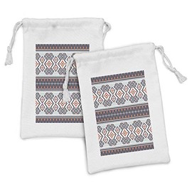 Lunarable Aztec Fabric Pouch Set of 2, Geometric Latin American Abstract Art Mayan Culture Tribal Design Print, Small Drawstring Bag for Toiletries Masks and Favors, 9" x 6", Coral Violet Pale Blue