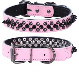 haoyueer Adjustable Genuine Leather Spiked Studded Dog Collars for Small Medium Large Pets Like Pit Bull Bulldog Pugs Husky (M, Pink1)