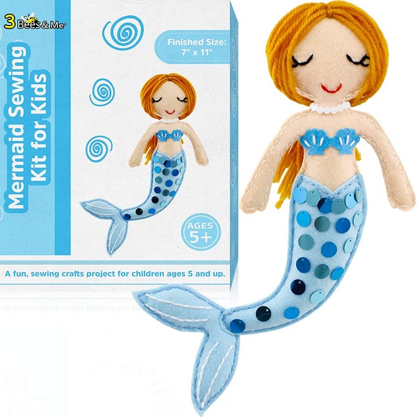 3 Bees & Me Mermaid Sewing Kit for Kids – Fun Mermaid Crafts for Girls and Boys – Complete DIY Doll Making Gift for Ages 5 to 15
