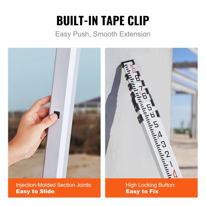 25-Foot Aluminum Grade Rod 6 Sections Telescopic 1/10ft Double-Sided Scale