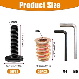 Taiss 30 Sets M6x25 Furniture Screw M6x15 Threaded Inserts for Wood,Screw-in Nuts,Nut Threaded Wood Inserts Bolt Fastener Connector Hex Socket Drive Bolts