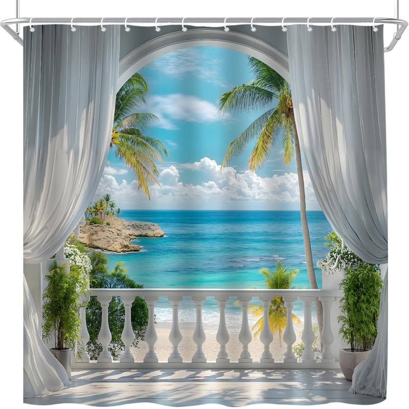 HUSPWP Ocean Beach Shower Curtain, Tropical Hawaiian 70x70IN