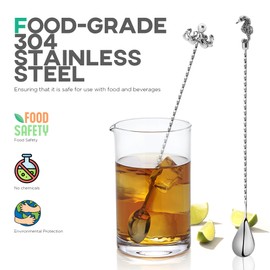 Homestia Cocktail Spoon Bar Stirring Spoon Long Handle Stainless Steel Spiral Pattern Cocktail Mixing Shaker Tool, 12'' Bar Spoons for Professional Home Use Weighted Octopus Seahorse End (Set of 2)