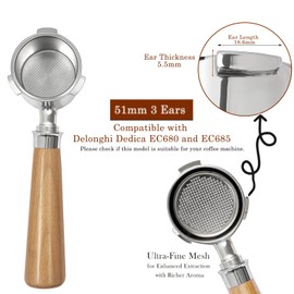 51mm Bottomless Portafilter, 3 Ears Bottomless Portafilter 51mm Compatible with Delonghi Dedica EC680 and EC685 Espresso Machine, with 51mm Dosing Funnel and Espresso Puck Screen