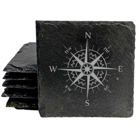 Conversation Starters: Intricate Compass Etchings on Handcrafted Slate Coasters - Square Slate - set of 6