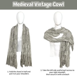 FSUJWOA Medieval Scarf Wrap Cape, Shoulder Scarf Long Scarf with Brooch, Renaissance Hooded Shaw, Shaman Hood, Grey/Black (Ash), Unit size