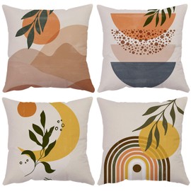 Habodd Boho Cushion Cover 45 x 45 cm Set of 4 Decorative Cushions Abstract Art Leaves Sun Geometric Cushion Covers Modern Polyester Linen Cushion Cover for Sofa Bedroom Outdoor Colourful