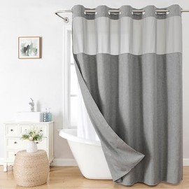 eachope Extra Long No Hooks Needed Linen Textured Shower Curtain with Snap-in Fabric Liner Set,Grey Hotel Luxury Decor Shower Curtains for Bathroom,Waterproof & Washable,71Wx86H