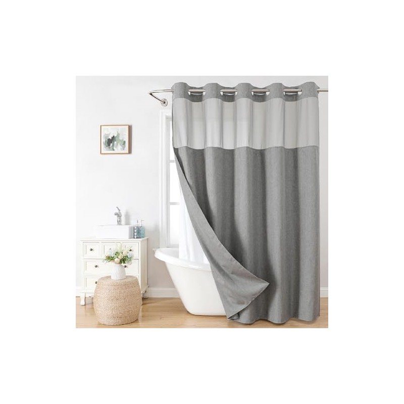 eachope Extra Long No Hooks Needed Linen Textured Shower Curtain