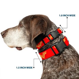 Collar de perro con clip de plástico DC League of Super Pets Wonder Woman Logo Rojo Amarillo 9.5 a 13 pulgadas, 1.0 pulgadas de ancho
