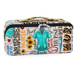84hoods Portable Travel Makeup Bag for Women. Gift for Nurse. Multi-functional, Large Capacity, Waterproof Cosmetics Organizer, Storage for Toiletry, Accessories. Sunflower Typography.