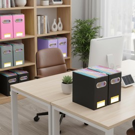 BALEINE File Organizer Box, Cardboard File Folder Organizer with Handle for Letter Size, Portable Collapsible Hanging Filing Box for Home Office Document Storage (2 Pack, White)