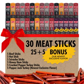 Jerky.com 30-Pack Jerky Variety Pack Meat Sticks - Low Carb, High Protein Snacks | Keto Friendly, Gluten Free | Bonus Includes Exclusive Flavor | Turkey, Ham, Pork & Beef Sticks | Christmas Gifts for Men & Women