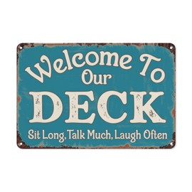 Welcome To Our Deck Vintage Tin Sign, 8X12 Inch Retro Metal Wall Decor for Patio, Backyard, or Outdoor Theme, Rustic Deck Wall Art for Entertaining Spaces