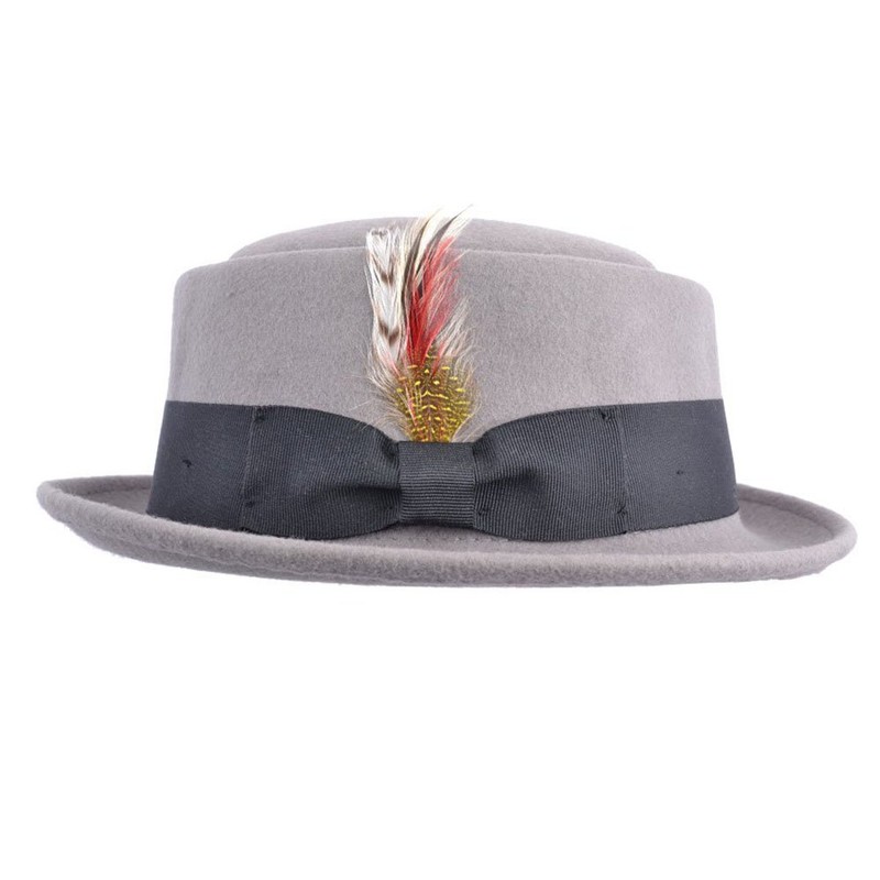 Crushable Wool Felt Round Pork Pie Hat (Medium, Grey)