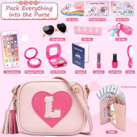 CBEE Little Girls Pretend Play Purse for 3-6 Years Old, Kids Toy Set with Crossbody Bag, Wallet, Makeup, Phone,Keys, Birthday for 3.4.5.6 Year Old Toddler (L)