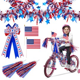 8pcs 4th of July Bike Decorations Kit - Patriotic Tinsel Garlands Bike Streamers Bow USA Flags, Independence Day Red White Blue Decor for Kids Adult Bicycle Parade Party Favor