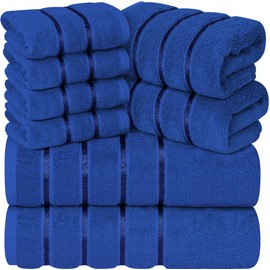 YRALY Luxury Towels for Bathroom Set of 8-2 Bath Towels 2 Hand Towels 4 Washcloths - 600 GSM 100% Cotton Ring Spun Viscose Border Towels Set - Royal Blue