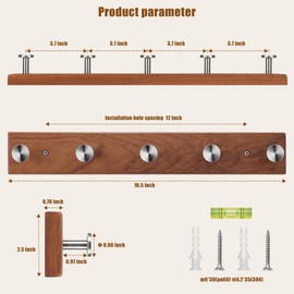 chiumay Wall Mounted Coat Rack with 16.5 Inch, Teak Wood 304 Stainless Steel Coat Hook Hanger - 5 Hooks for Hanging Clothes Coats Towels Robes.