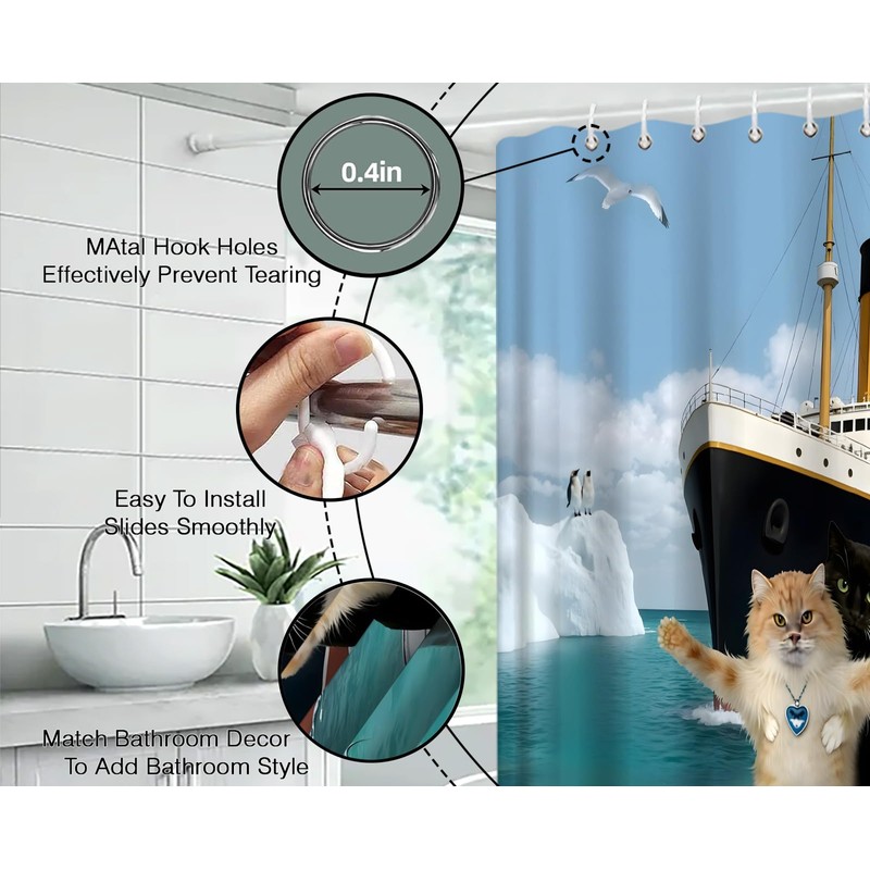 Funny Cat Shower Curtain Cute Black Beige Cat Blue Ocean