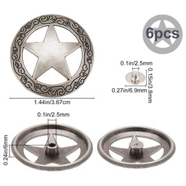 GORGECRAFT 1 Box 6 Sets Screw Buttons with Engraved Star Concho Hollow Decorative Buttons Round Vintage Silver Metal Buckle Replacement Casting Parts Western Rodeo DIY Leather Craft