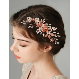 Octwine Bridal Wedding Rhinestone Hair Comb Flower Leaf Hair Comb Bridal Rhinestone Pearls Side Comb Crystal Hair Piece Wedding Party Prom Hair Accessories for Women (Rose gold)