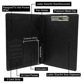 GraduatePro Leather Business Padfolio Notebook with Letter Size Clipboard, A4 Portfolio Binder & Organizer Folder, Interview/Resume Document Organizer with Sleeve Holder Black