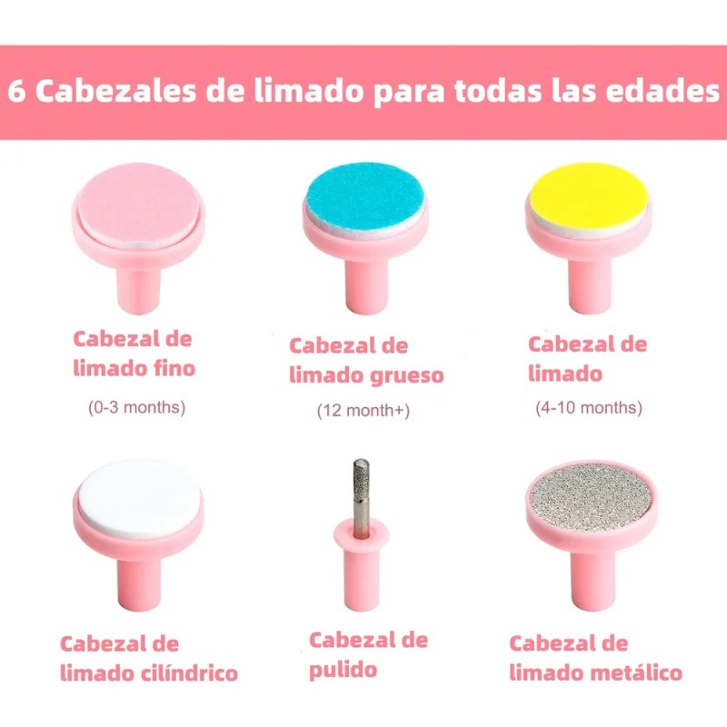 Lima Uñas Eléctrica Bebé 6en1 Portátil Rosa Con Luz+cortauña