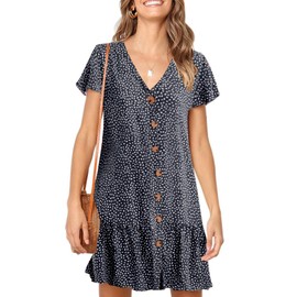 Imysty Womens Polka Dot V Neck Button Down Ruffles Loose Mini Short T-Shirt Dress