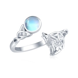 Wolf Ring S925 Sterling Silver Celtic Wolf Adjustable Ring Moonstone Open Ring Celtic Knot Ring Howling Wolf Open Ring Animal Thumb Ring Howling Wolf Jewelry for Women 7#