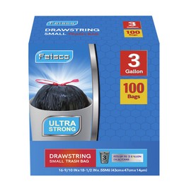 Feisco 3 Gallon Black Trash Bag,Small Drawstring Garbage Bag Trash Can Liner,100 Counts,0.55 Mil