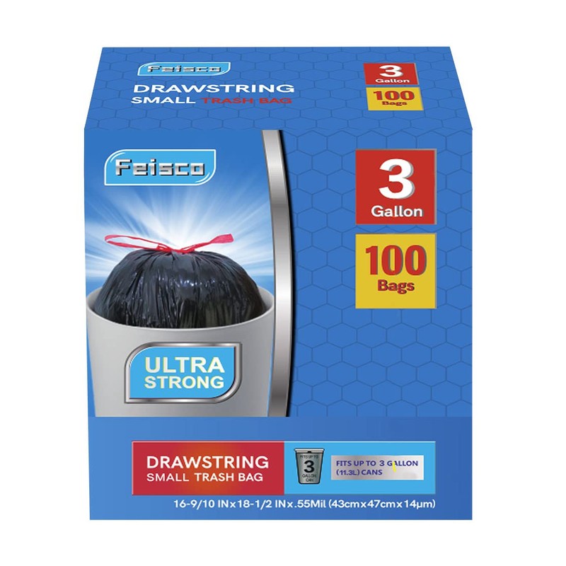 Feisco 3 Gallon Black Trash Bag,Small Drawstring Garbage Bag Trash