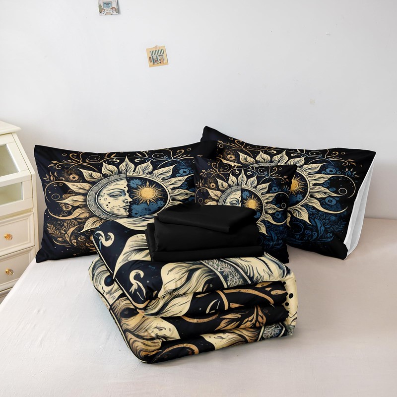Sun and Moon Comforter Set Black Boho Bedding Set Celestial