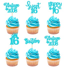 Ercadio - Paquete de 30 adornos para cupcakes con purpurina azul clásico 2008 para cupcakes con texto "Happy 16th 16th Dieciséis Happy Birthday para decoración de pasteles de fiesta de cumpleaños 16