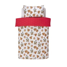 Sleepdown Forest Animals Red White Reversible Duvet Cover Bedding Set With Pillowcase Single 135cm x 200cm