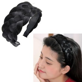 Black Wig Braided Headbands for Women 5 Strands Synthetic Wide Hair Bands Braid Headband for Women Girls Non Slip Braided Head Band Chunky Hair Hoop Bands Braids Headbands