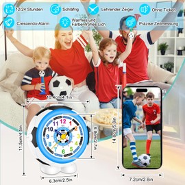 Ayybboo Children's Analogue Alarm Clock, No Ticking, Football Learning Alarm Clock Children with Colourful Lights and Snooze Function for Boys and Girls, Children's Alarm Clock for Beginners to School