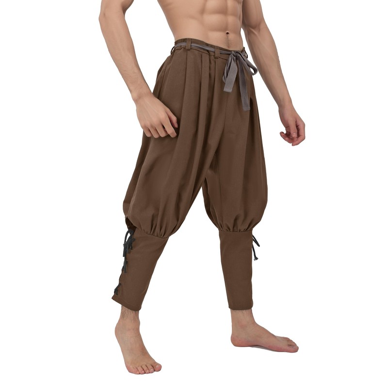 KUOIN Medieval Renaissance Ankle Banded Pants for Men Linen Pirate