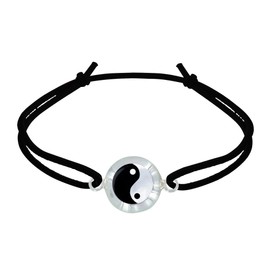 LES POULETTES BIJOUX - Bracelet Elastic Link Mother of Pearl Medal Yin and Yang, Sterling Silver, Mother of pearl.