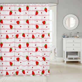Kawaii Strawberry Bath Curtain 72"x72" Pink Strawberry Shower Curtain for Kids Decor Cute Strawberry Bathroom Shower Curtain Set Polyester Fruit Food Theme Kids Bathroom Accessories Cute Fruit