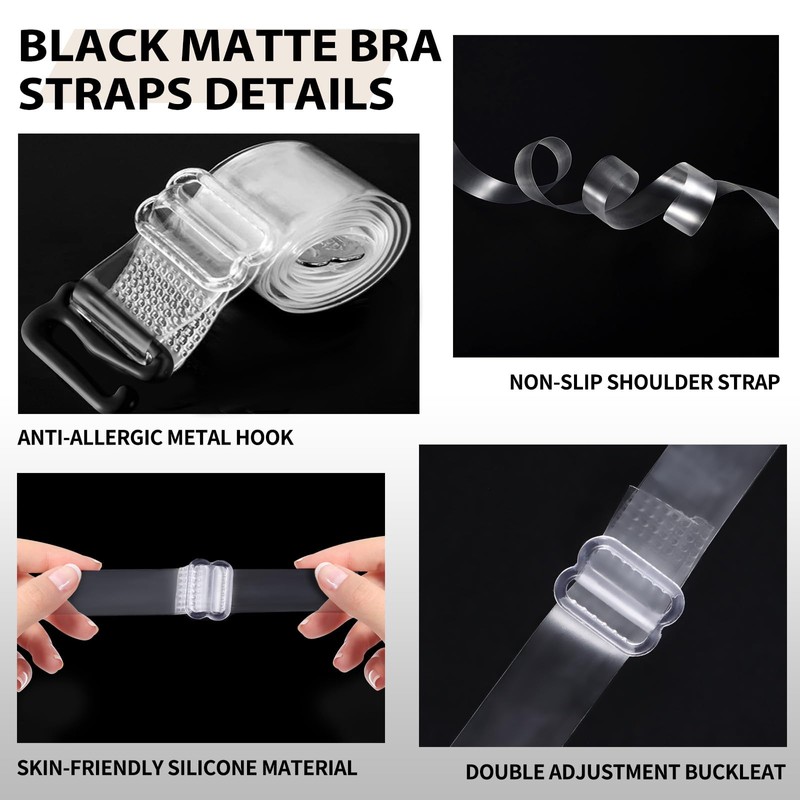 iMuchic Black Matte Bra Straps 3 Pairs Matte Transparent Shoulder